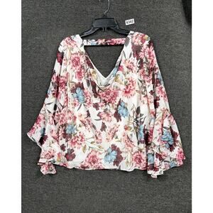 White House Black Market Top Size 12 White Pink Floral Flare Sleeve Blouse